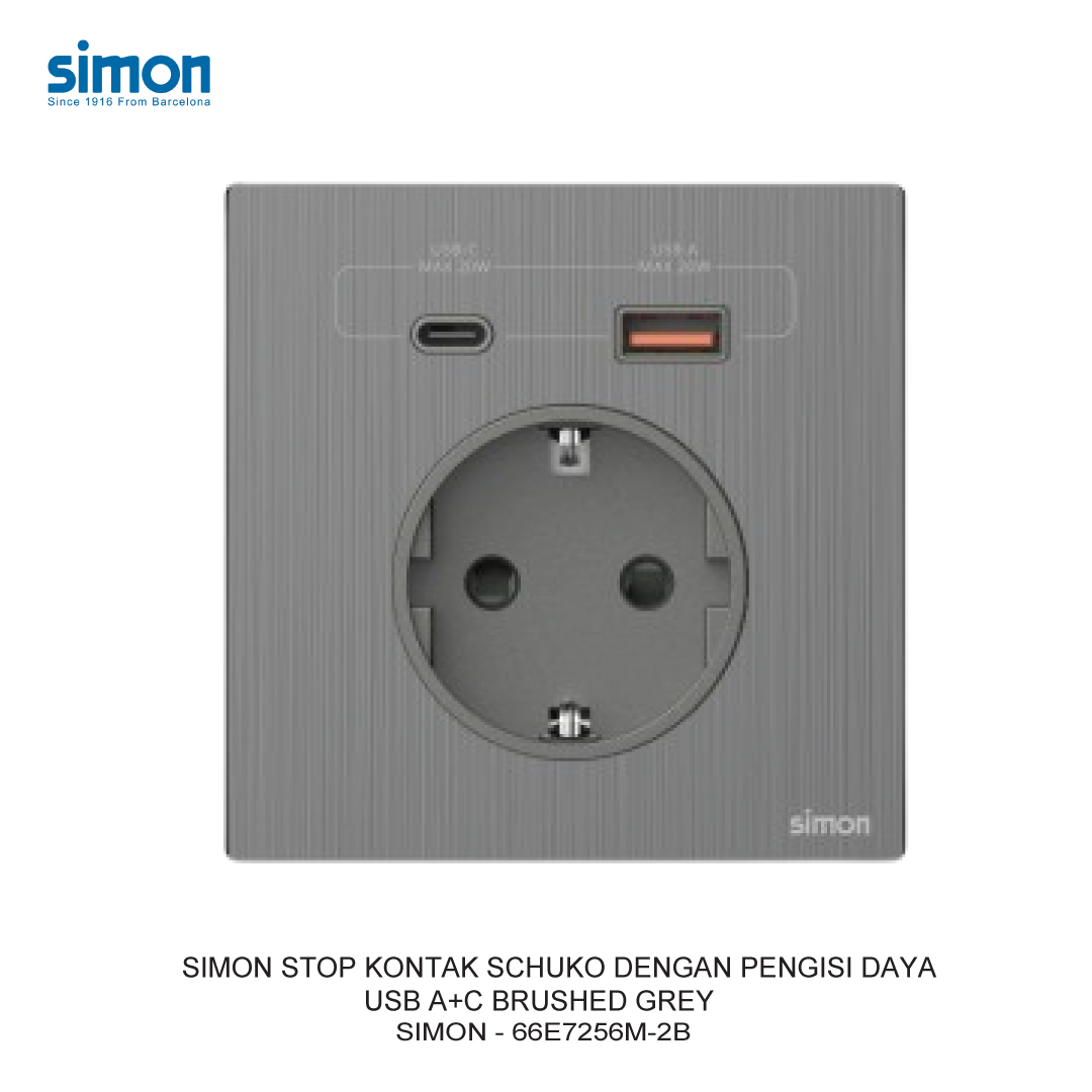 SIMON SCHUKO SOCKET WITH USB A+C CHARGERS BRUSHED GREY
