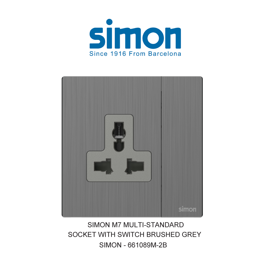 SIMON MULTI-STANDARD SOCKET WITH SWITCH BRUSHED GREY