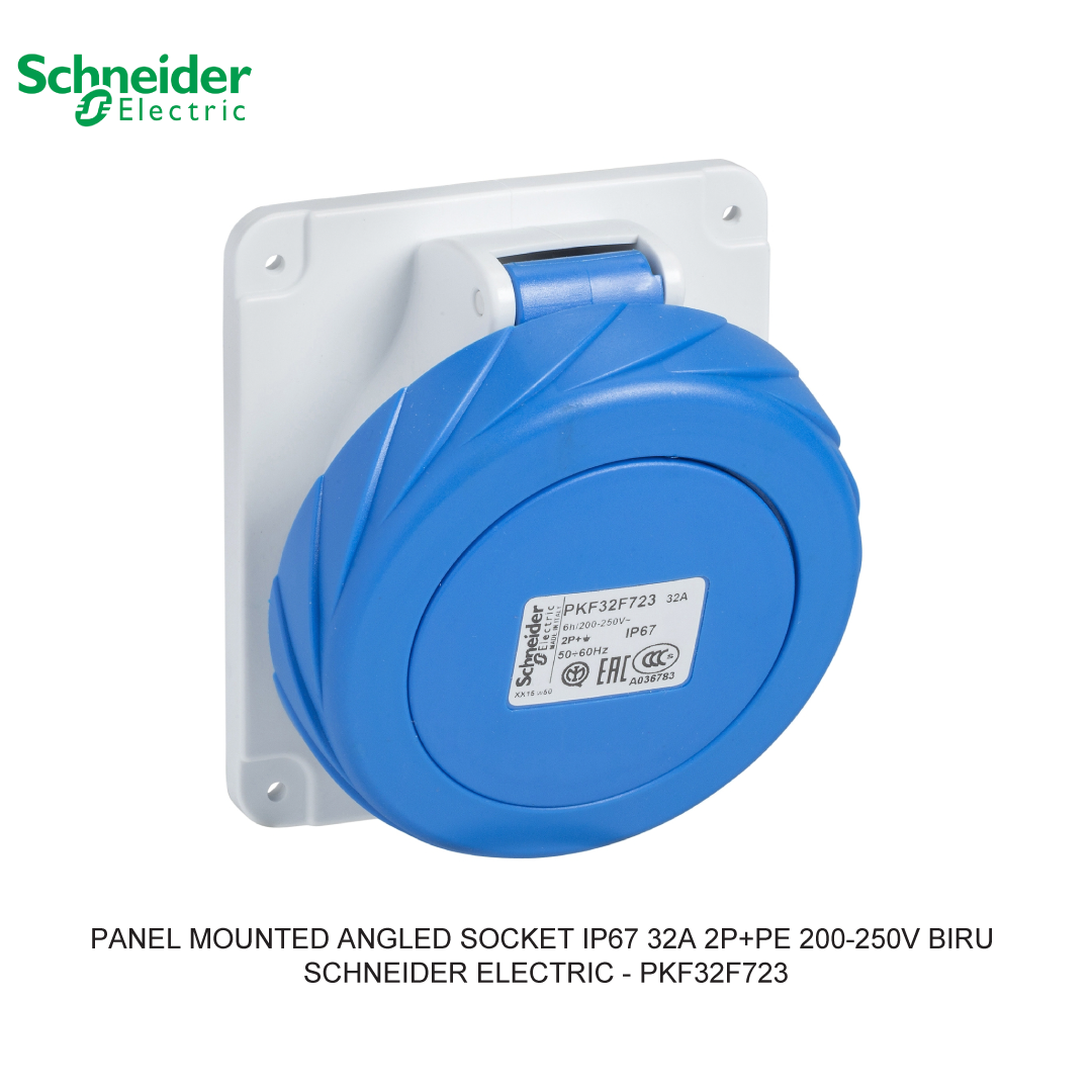 PANEL MOUNTED ANGLED SOCKET IP67 32A 2P+PE 200-250V BIRU