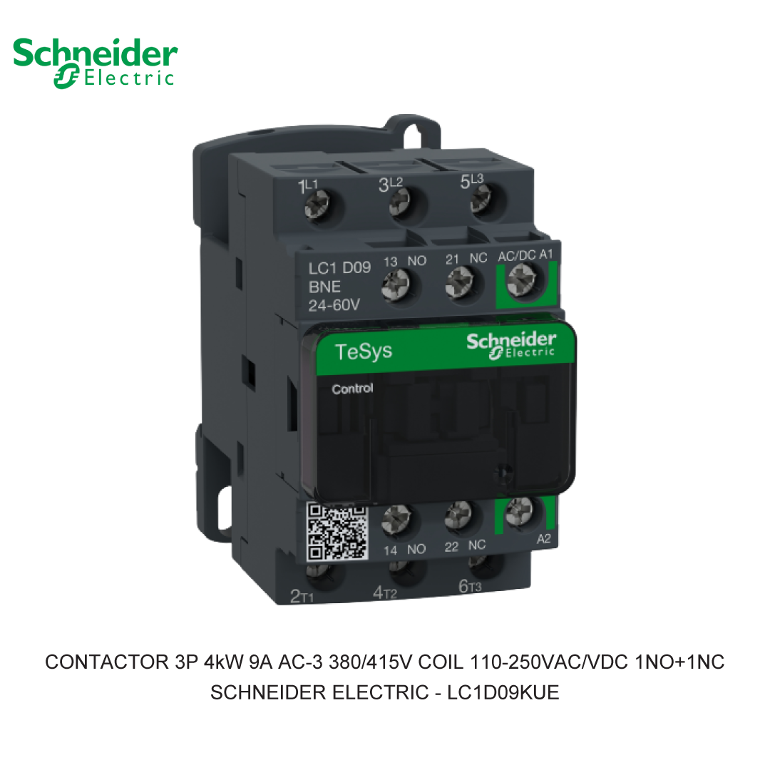 CONTACTOR 3P 4kW 9A AC-3 380/415V COIL 110-250VAC/VDC 1NO+1NC