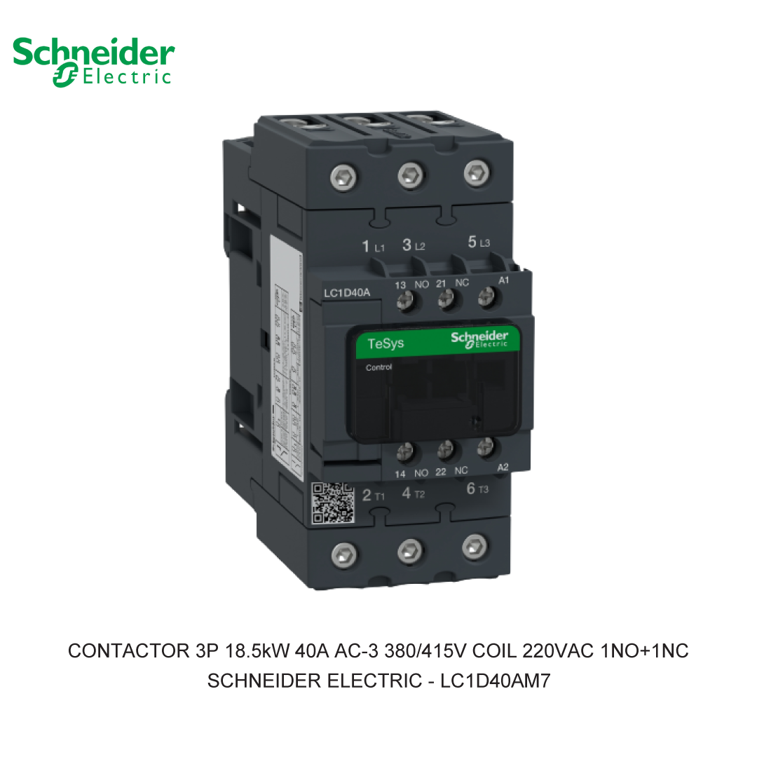 CONTACTOR 3P 18.5kW 40A AC-3 380/415V COIL 220VAC 1NO+1NC